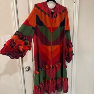 Farm Rio Women’s Large Juliana Stripes Midi Dress Colorful Long Sleeve Dress